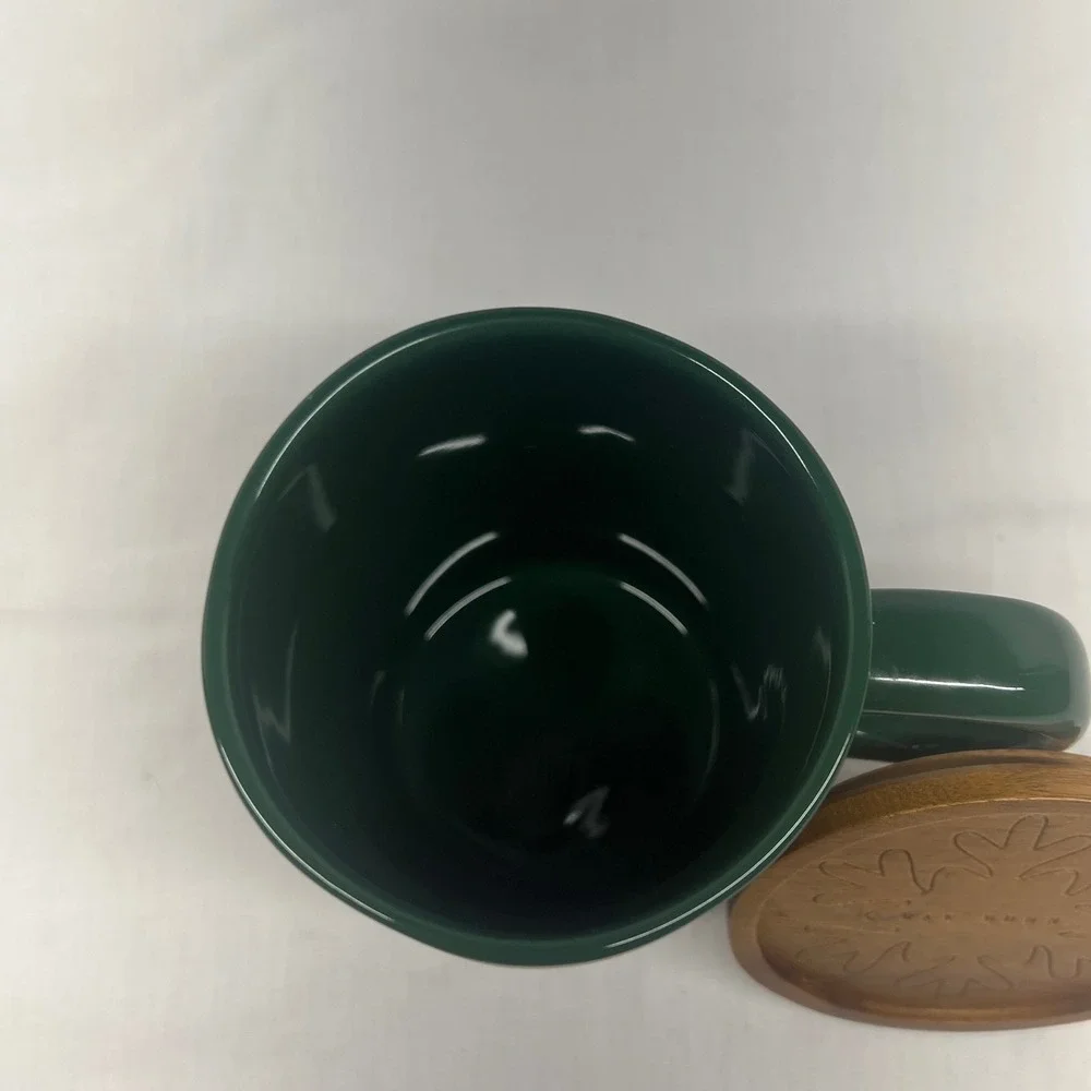 RAE DUNN Green Ceramic Christmas‎ ELF Mug & Wooden Topper Coaster Magenta NEW
